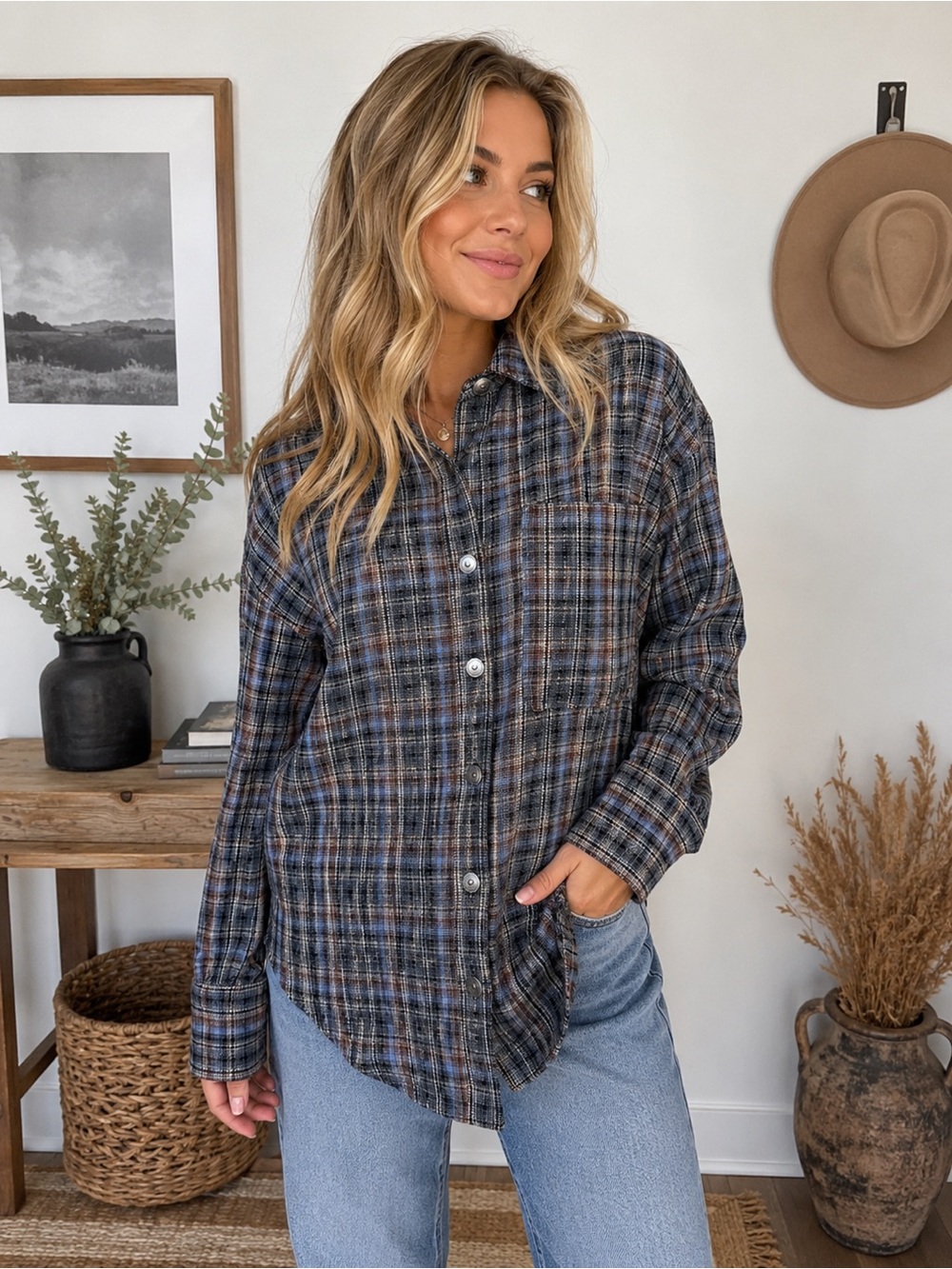 We The Free Plaid Flannel Shirt By Free People Blue/Brown Color way Oversized S